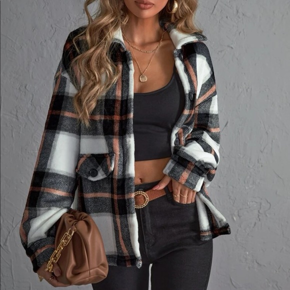 Couture Gypsy Tops - Cozy White Black Plaid Boyfriend Jacket Oversized Shacket XS S M L